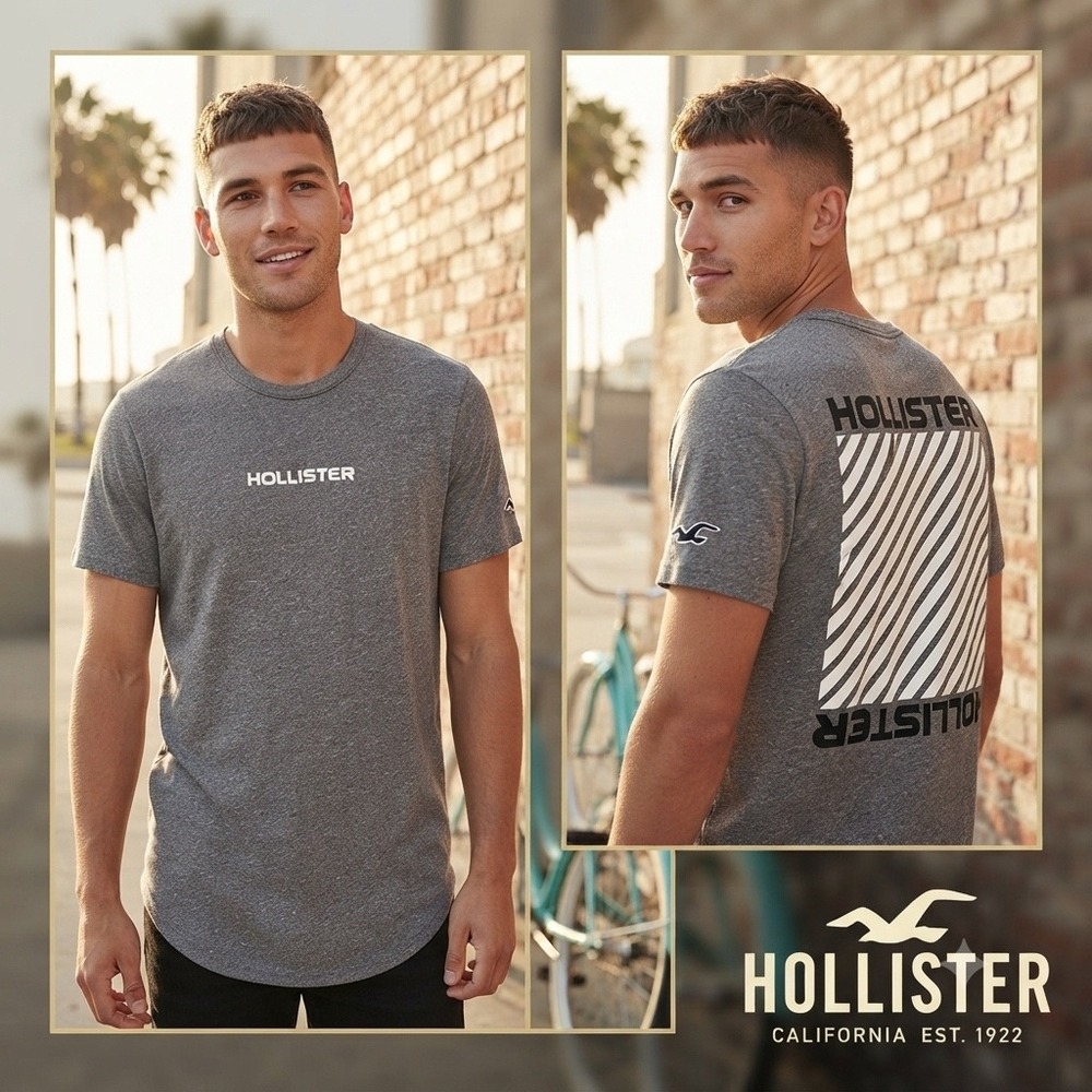 Hollister Mens XL Gray Graphic T-Shirt Curved Hem Shortโ Sleeve Logo Tee
